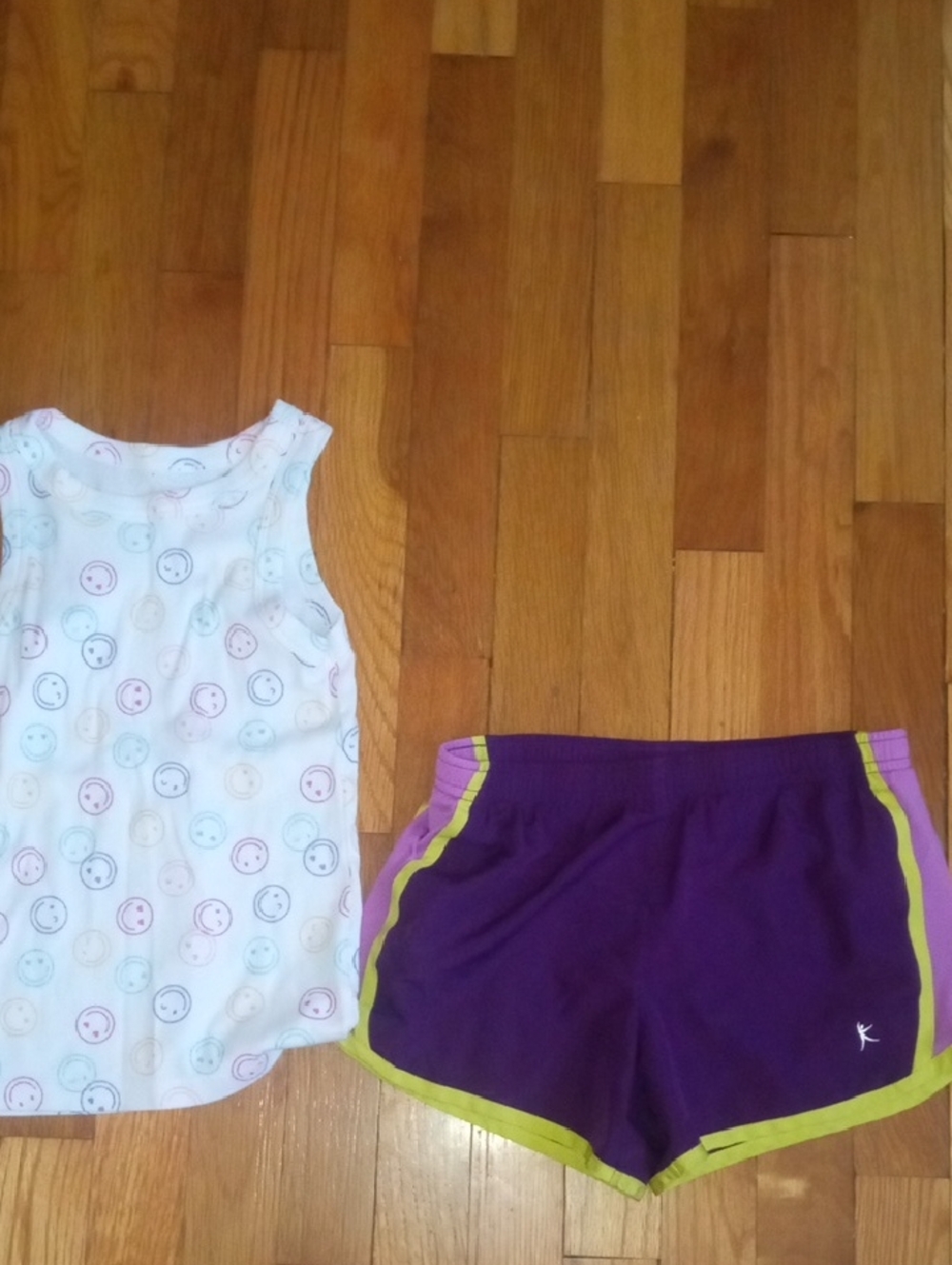 Purple Athletic Shorts with Lime Trim and smiley face tank, girl medium